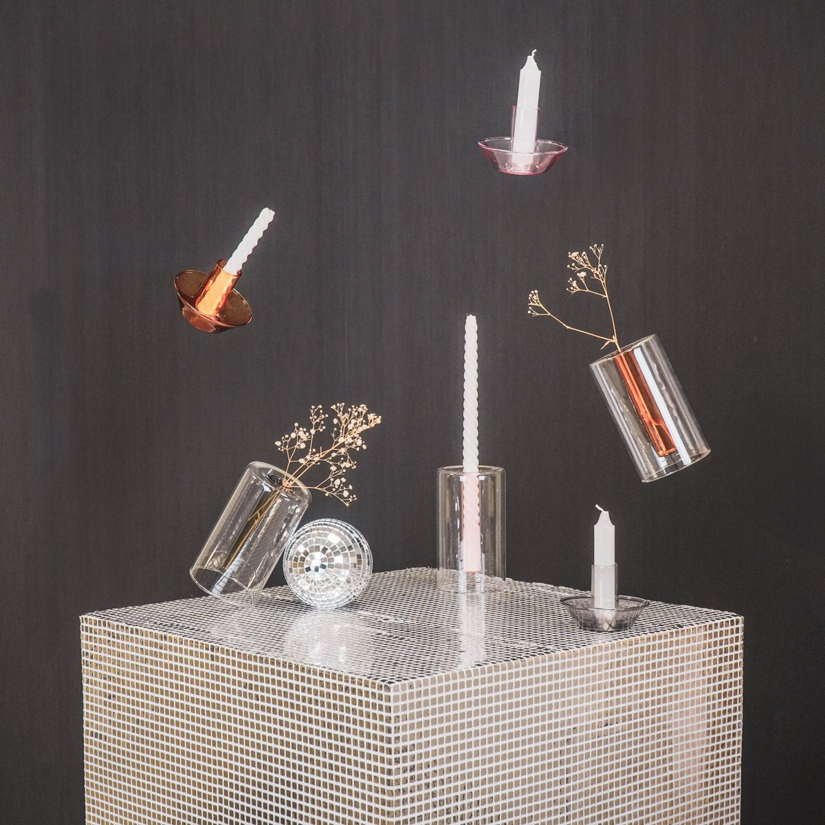 Kaarshouder - Glas - Grijs - 9,5x9,5x7cm
