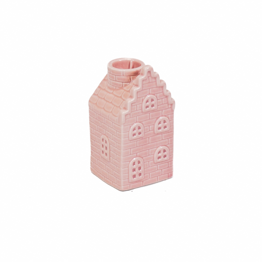 Kaarshouder - Huisje - Keramiek - Lichtroze - 6x6x11cm